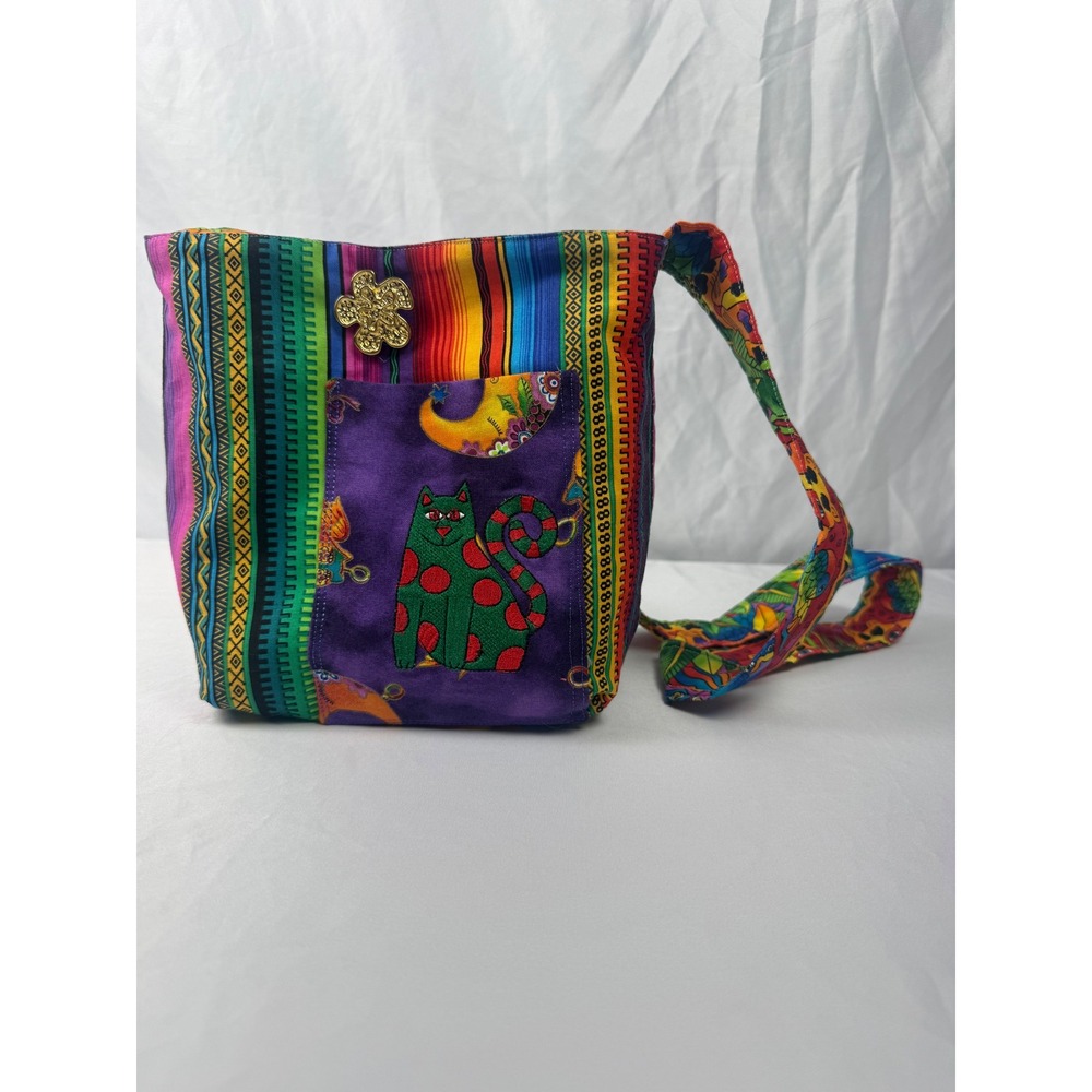 Reversible Rainbow Folk Art Cat‎ Fish Crossbody Bag Boho Artisan Style
